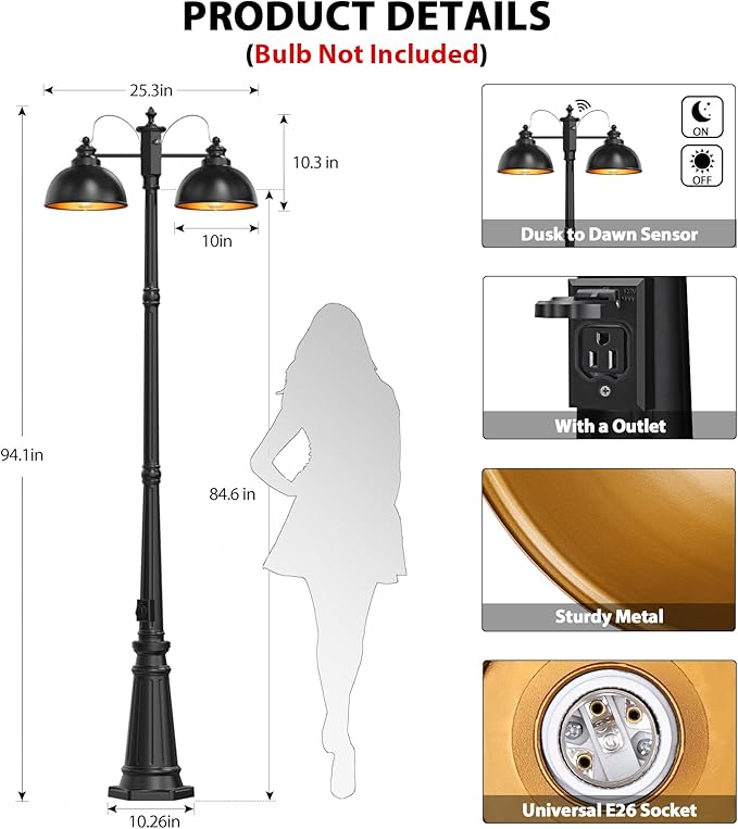 Dusk to Dawn Outdoor Lamp Post Lights with OutletDouble-Head Farmhouse Street Light FixtureAluminum Exterior Black Pole LightsWaterproof Lantern Lamp Outdoor Lighting for GardenPatioPathway