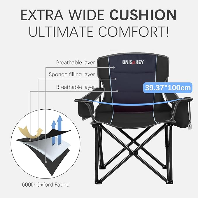 Oversized Folding Camping Chair for Adults - 450lbs Support - Heavy Duty Portable Lawn Chairs with Side Pocket Cup Holder Cooler Bag for Sports Garden Beach Fishing Black