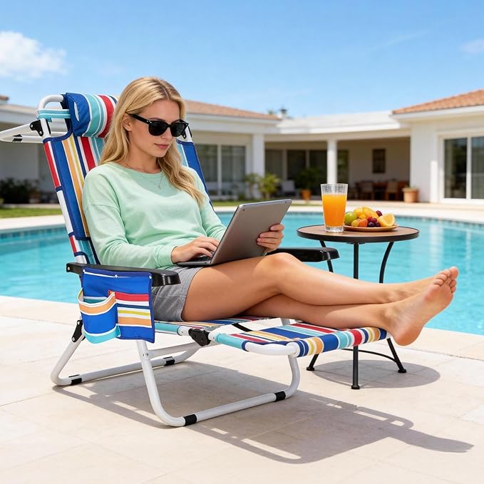 MOPHOTO 3 in 1 Beach Chairs Heavy Duty Beach Tanning Chair for Adults Lay Flat Recliner with 5-Position Adjustable Backrest Folding Outdoor Chair for Beach Pool Patio Camping