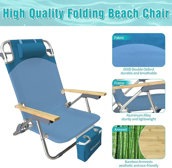 Folding Backpack Beach Chair for Adults &amp Teens Aluminum 5-Position Lay Flat Lounge Chair with Camping Bamboo Table 200LBS Beach Reclining Chair Outdoor with Cooler Bag Blue