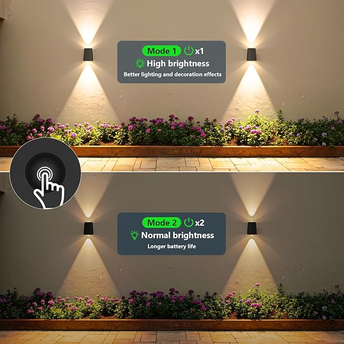 2 Pack Solar Wall Lights Outdoor Waterproof Up and Down 2 LED Fence Sconce for House Patio Porch Yard Garden Garage and Pool for Security and Decorative Lighting Wall Mounted Install(Warm White)