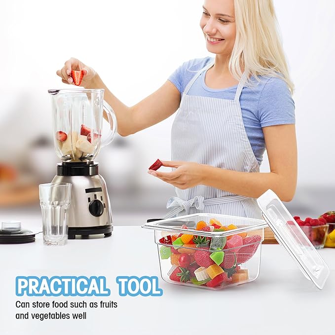 15 Pcs Plastic Clear Food Pan Set 1/6 Size Clear Food Pan with Lid Tongs Spoons Stickers Stackable Food Storage Container Restaurant Hotel Commercial Pan for Fruit Vegetable (4 Inch Deep)