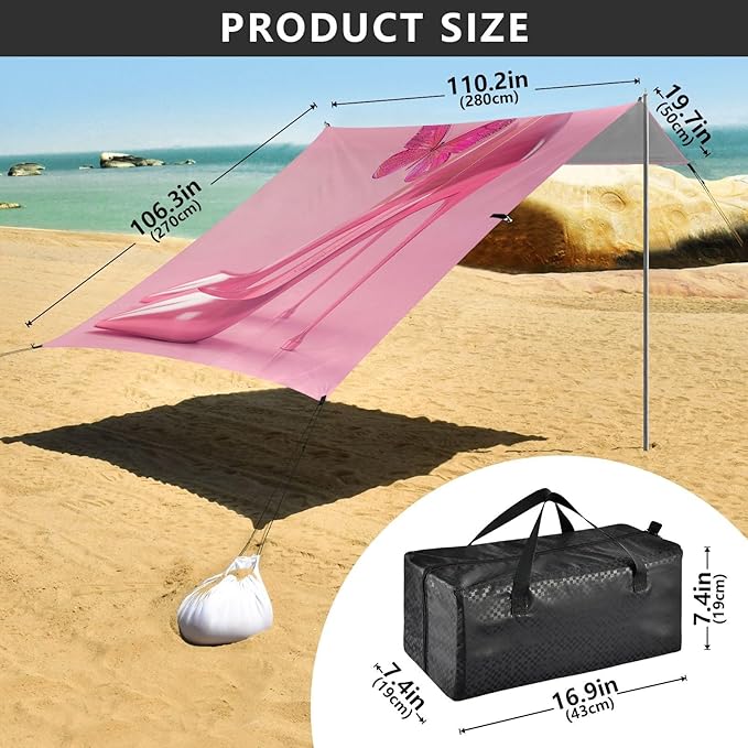Heels Butterfly Pattern Beach Tent Sun Shelter 9.2' x 10.5' Beach Canopy with 4 Sandbags 4 Stability Poles Sand Shovels - Tent Canopy for Beach Camping Fishing Picnics