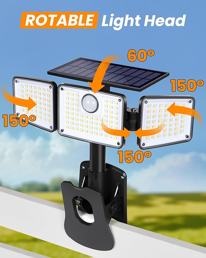 Clip on Solar Lights 1500LM Motion Sensor Security Lights with Remote Control 270°Wide Angle Solar Flood Light 3 Heads High Bright Solar Lights Outdoor Waterproof for Fence Gutter Yard（1Pack）