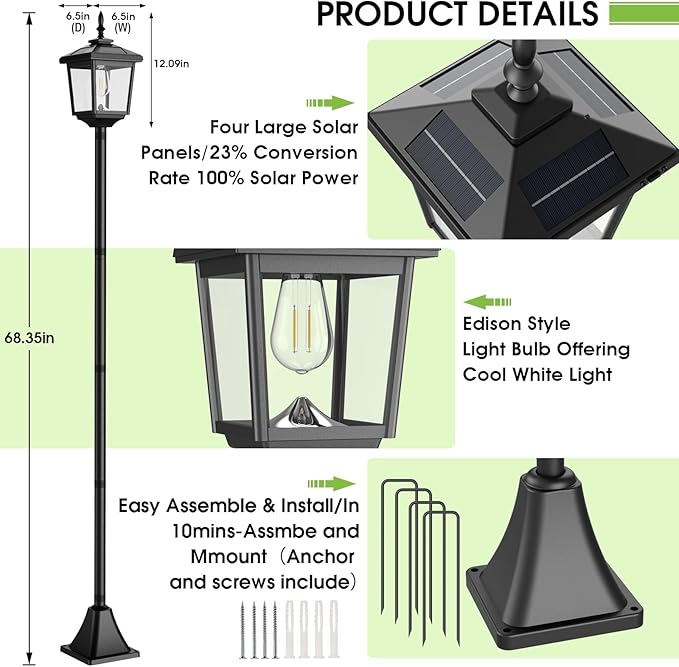Greluna Solar Lamp Post Light Outdoor Cool White IP45 Waterproof Solar Post Lights Outdoor Pole Lights Decorative Lamp for Yard Garden Patio Lawn Pathway Driveway Front/Back Door 2 Pack