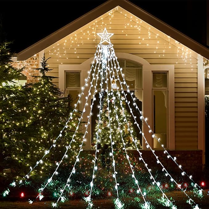 Aokudoni Christmas Decorations Outside 12.6FT 350 LED 8 Modes Star Christmas Lights Outdoor for House Yard Porch Holiday Decoration Cool White