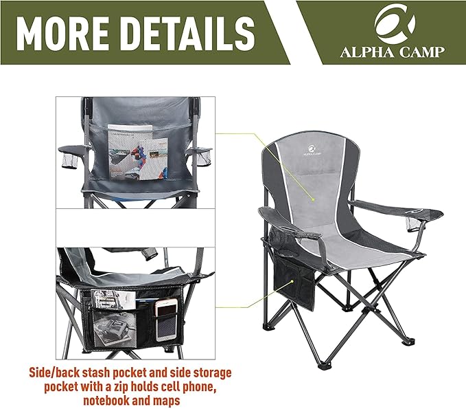 ALPHA CAMP Oversized Camping Folding Chair - Heavy Duty Steel Frame Support 350 LBS Collapsible Padded Arm With Cup Holder Quad Lumbar Back Portable for Outdoor/Indoor