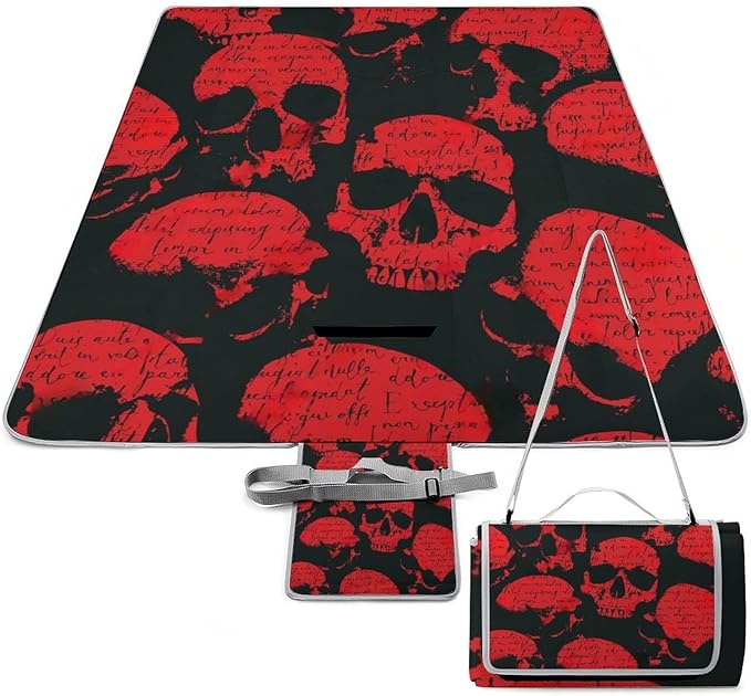 Black and White Gothic Skull Damask Pattern Waterproof Outdoor Picnic Blanket Sandproof Beach Mat for Camping Hiking Grass Travelling