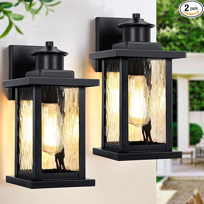 12'' Outdoor Light Fixture 2 Packs Outdoor Wall Lights Exterior Wall Sconce with Water Ripple Glass Waterproof Porch Light Lantern Wall Mounted Modern Black Outside Lights for House Patio Garage