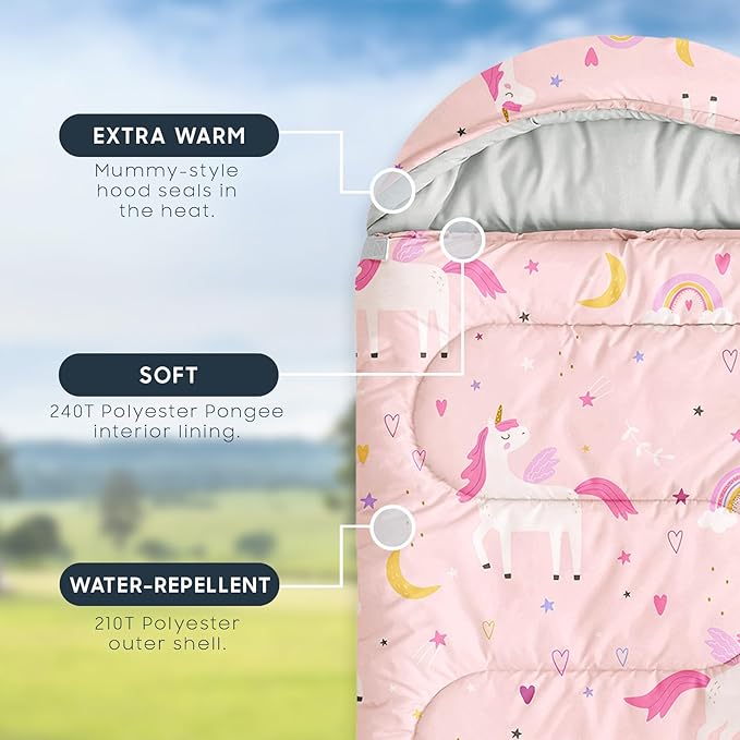 Wake In Cloud - Kids Sleeping Bag for Girls Toddlers Camping in Warm Cold Weather Backpacking Lightweight Compact Outdoor Liner for 3 Seasons Celestial Unicorns