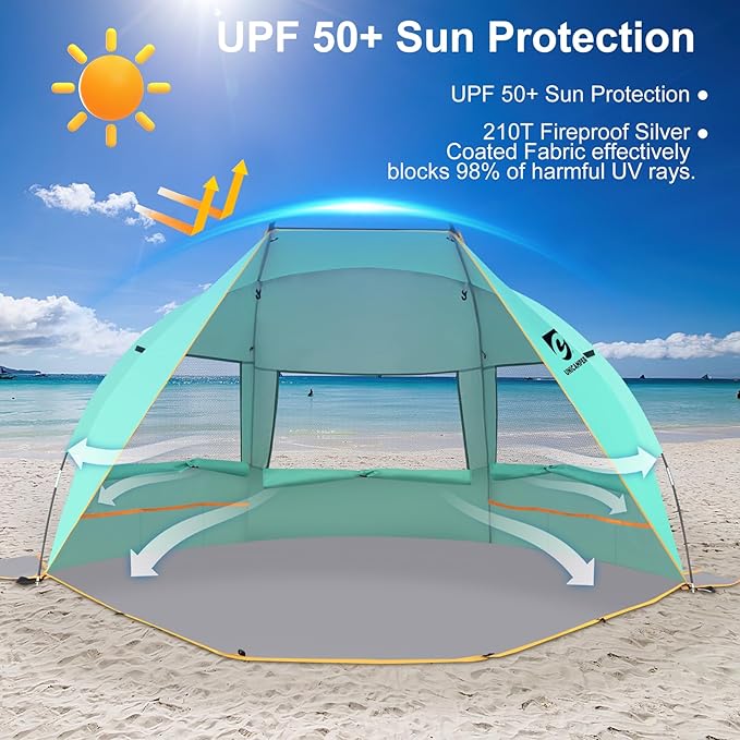 Beach Tent 3 Person Sun Shelter UPF 50+ with Extended Waterproof Pe Floor &amp 3 Mesh Roll Up Windows Fits Portable Beach Shade Easy Setup for Outdoor Camping Indoor Fishing Yard. (Green)