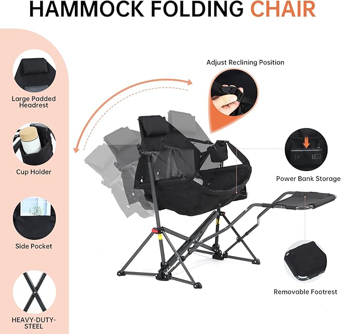 CDEN Heated Hammock Chair with Footrest Heated Camping Chair with Battery Swinging Chair Heavy Duty with Stand Cup Holder Side Bag Power Bank Included for Patio Camping Backyard (2 Pack)