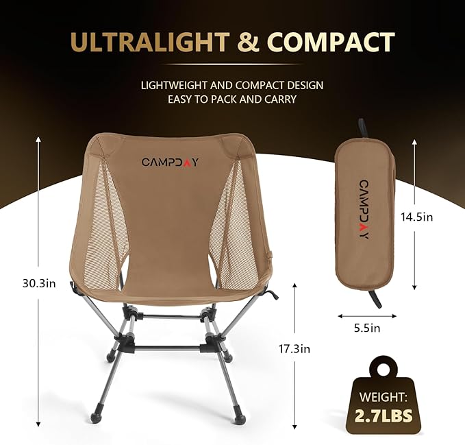 Camping Chair Portable Hiking Ultralight Backpacking Small Lightweight Folding Chair for Outdoor Camp Hunting Beach Picnic Concert Supports 330lbs (Khaki1PCS)