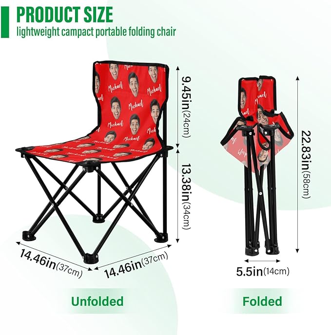 Sinestour Red Custom Photo Folding Camping Chair for Teen Child Personalized Name 14.6×14.6in Portable Outdoor Chair with Carry Bag for Barbeques Travel Lawn