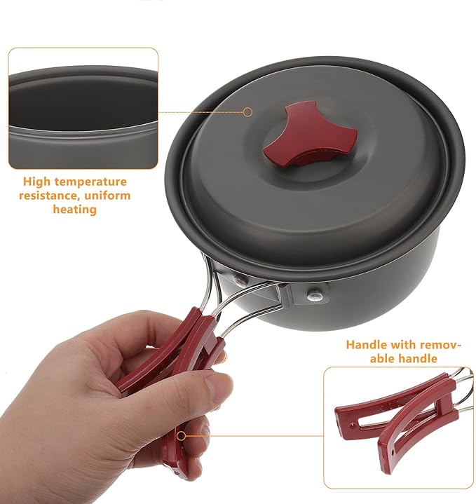 Yardwe Camping Cookware Set for 1-2 People Red Portable Outdoor Aluminum Pot Pan Bowl Combo Lightweight Hiking Picnic Cook Set for Camping and Travel