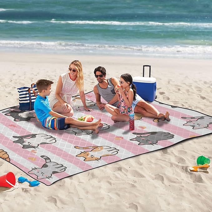 KLL Pink White Stripes Cartoon Cat Waterproof Picnic Essentials Packable Hiking Camp Rug for Ground Spring Gifts manta para picnic campo