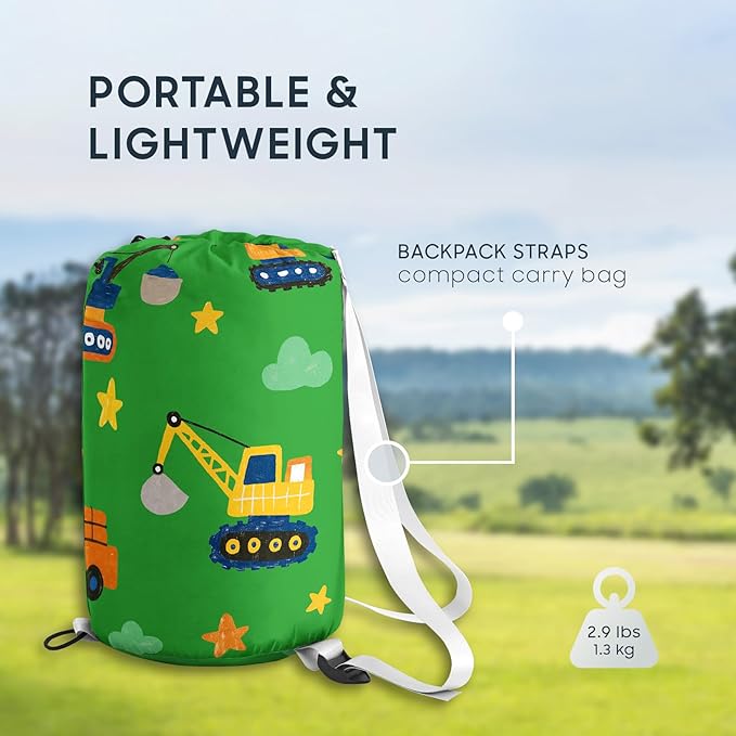 Wake In Cloud - Construction Car Kids Sleeping Bag for Boys Toddlers Camping in Warm Cold Weather Backpacking Lightweight Compact Outdoor Liner for 3 Seasons Summer Spring Fall