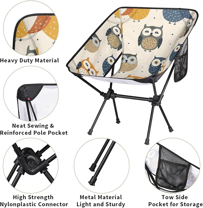 Honeybaby Folding Camping Chair Cartoon Owls Camping Chairs Lightweight Portable Chair Outdoor Foldable Chairs for Camping Travel Picnic Beach Hiking