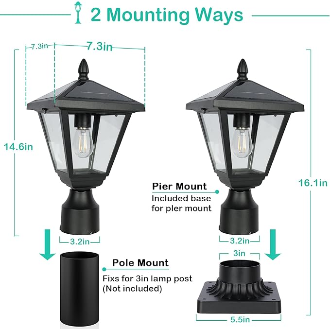 Solar Post Lights Outdoor – No Wiring Required Auto Dusk to Dawn Fence &amp Pillar Light for Backyard Garden Pathway Metal and Glass Built Weather Resistant Post Lamp Lights (Warm White)