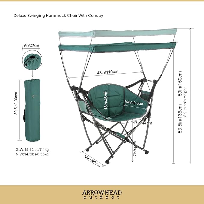 ARROWHEAD OUTDOOR Portable Folding Swinging Hammock Camping Chair Removable Canopy Perfect for Stargazing Cup Holder Storage Pouch Carrying Bag Included Supports up to 300lbs USA-Based Support