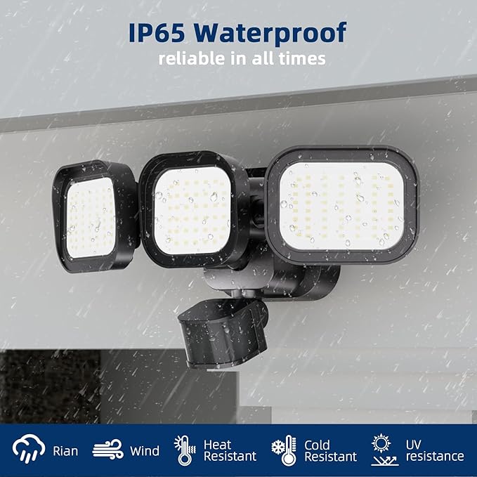 LED Motion Sensor Outdoor Lights 6500LM 270° 72FT Detected Range Dusk to Dawn 5000K IP65 Waterproof Flood Lights Outdoor 3 Head Motion Detector Security Light for GarageYard