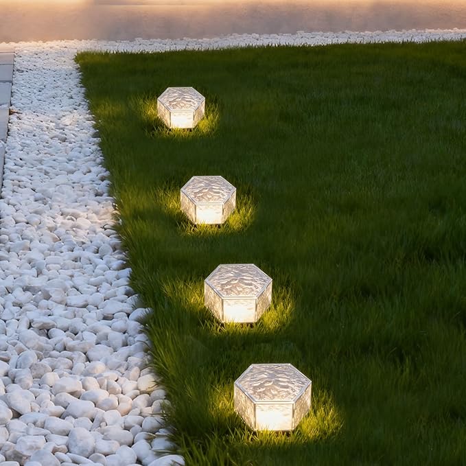 Wokyo 4 Pack Solar Brick Lights 3.8x3.8 inch Solar Ice Cube Lights with 8 LED Paver Ground Lights for Garden Lawn Yard Pathway Driveway Walkway Decor (Honeycomb-Warm White)