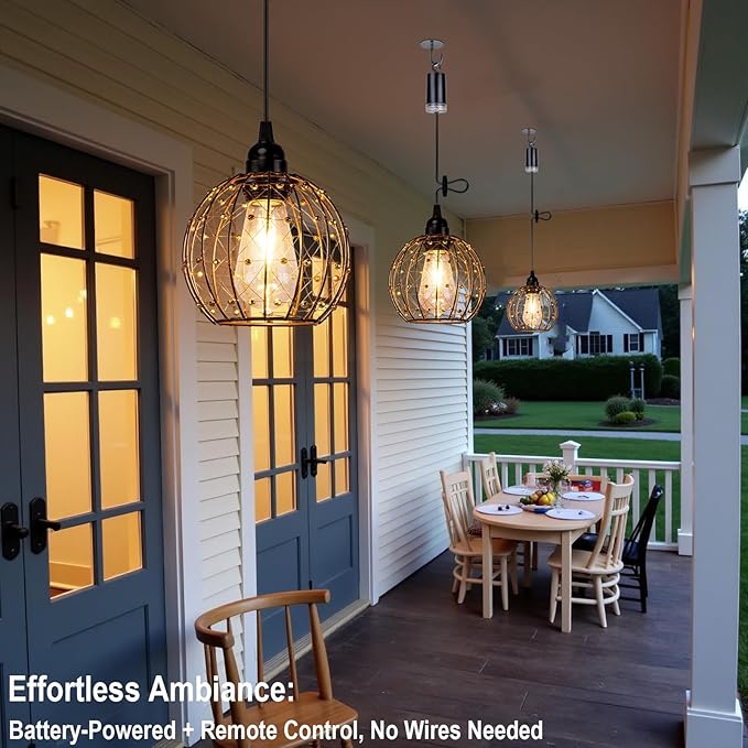 Hanging Pendant Lights Battery Operated Outdoor Chandelier with Warm White LED Bulb for Patio Tree Pergola Gazebo Porch (Beaded Ball-ST58-3PK)