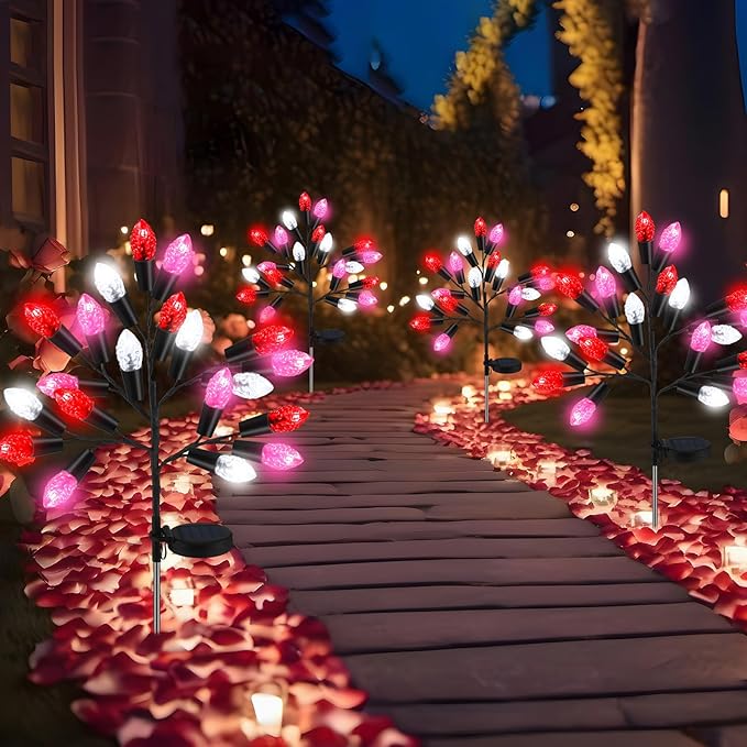 4 Pcs Valentine's Day Outdoor Decoration Solar Pathway Lights 28 Pink Stake Light Waterproof 8 Modes 80 Heart Shape LEDs for Yard Walkway Path Garden Patio Valentine Decor