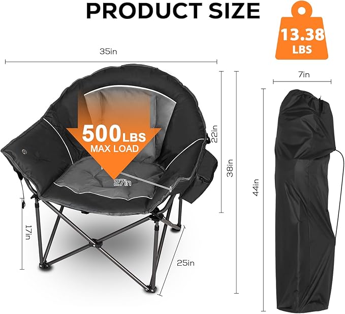 Romswi 2-Pack Heated Oversized Camping Chairs for Adults Heavy Duty 500lbs Folding Chair with 3-Level Heating (Power Bank Not Included) Portable Padded Lawn Chairs with Cup Holder Black&ampGray