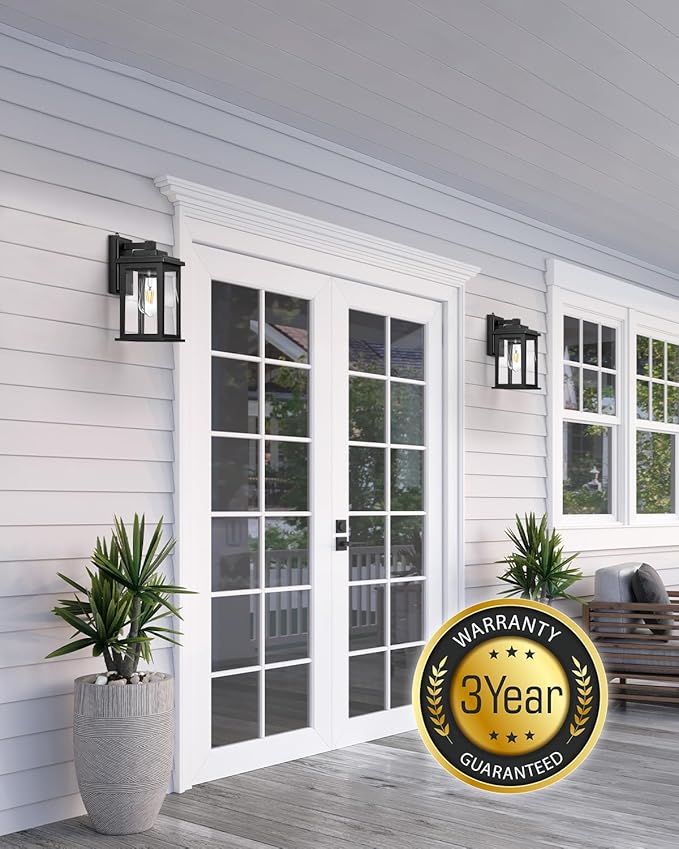 VIANIS Black Dusk to Dawn Outdoor Lights for House 2 Pack Outdoor Wall Lights Waterproof Porch Lights Exterior Lighting Fixtures with Tempered Glass for Porch Garage DoorwayHardwired Non-solar