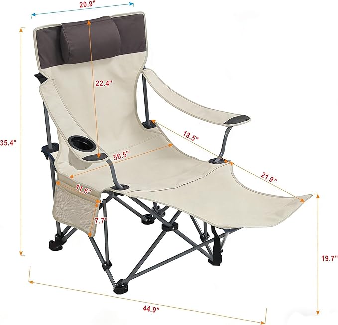 Folding Camping Chairs Portable Beach Chairs with Foot Rest Adjustable Recliner Chairs with Side Pockets &amp Cup Holder for Camping Picnics Fishing Beaches Barbecuesand (Beige)