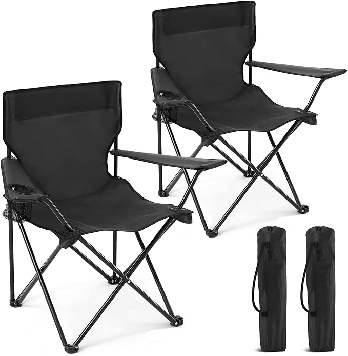 Folding Camping Chairs 2 Pack for Adults 300LBS Capacity Foldable Portable Lawn Chairs with Carry Bag Compact Design for Camp Beach Picnics and Outdoor (Black)