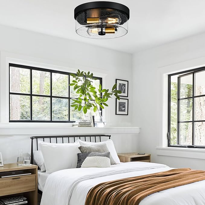 Flush Mount Ceiling Light Fixtures 2-Light Black and Gold Ceiling Mount for Farmhouse with Seeded Glass Lampshade Industrial Flush Mount Light Fixture for Hallway Kitchen Entryway and Foyer