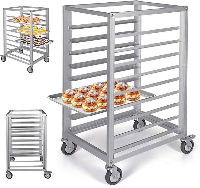 9 Tier 3 Inch Spacing Aluminium Storage Cooling Sheet Pan Rack with Brake Wheels Commercial Kitchen Bun Pan Sheet Pan Rack for Restaurant Cafeteria Pizzeria