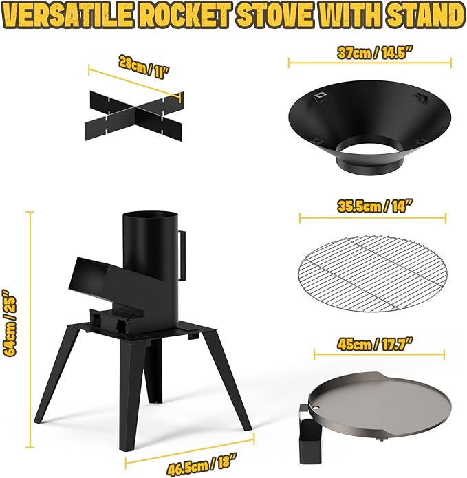 3-in-1 Camp Rocket Stove Kit with BBQ Grate Griddle Pot Rack Portable Wood Burning Stove with Detachable Stand Camping Gear for Outdoor Cooking Patio Barbecue RV Tailgating GS345