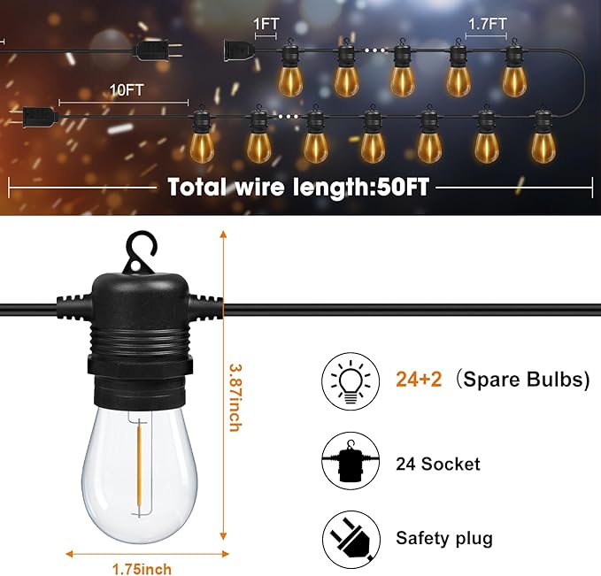 50FT LED Outdoor String Lights with 26 Shatterproof S14 Edison Bulbs (2 Spare) Dimmable Hanging Outdoor Lights for Backyard Porch 2700K Warm White