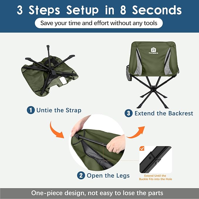 Portable Camping Chair 2 Pack 8 Seconds Quick Setup Folding Camping Chair Flexible 360° Rotation 3.8Lb Lightweight Travel Chairs for Easy Carry to Hiking Sporting Beach Army Green