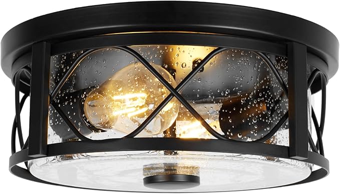 Rustic Close to Ceiling Light Fixtures Farmhouse Flush Mount Ceiling Lighting Metal Cage Lighting with Seeded Glass Black Cage for Home Kitchen Dining Room Bedroom Hallway Entryway Foyer