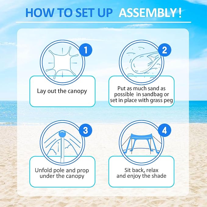 Beach Canopy Tent Sun Shade with 6 Sandbags Beach Tent Sun Shelter UPF 50+ UV Protection Poles and Ground Pegs and Anti-Wind Ropes for Outdoor Camping Backyard and Picnics