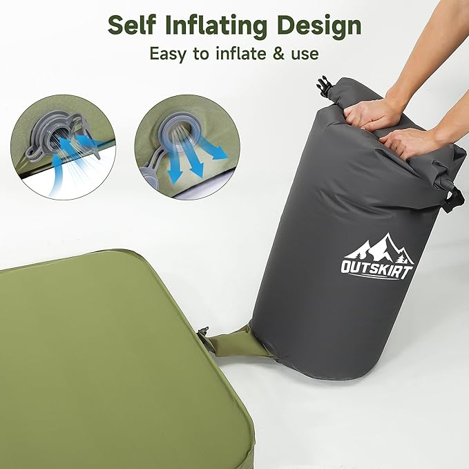 OUTSKIRT Camping Mattress Self Inflating Sleeping Pad with Pump Sack Foam Camping Pad for Sleeping 4” Thickness Sleeping Mat for Camp/Travel/Car/Tent 4 Season Camp Air Mattress