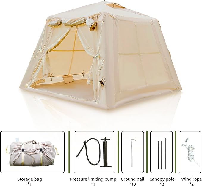 Donext Inflatable Camping Tent 4-Season Glamping Tent with Stove Jack Mesh Windows Easy Setup Windproof Cotton Outdoor Tent with Hand Pump