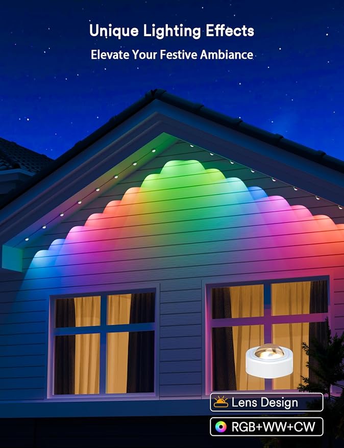 ANGELHALO Permanent Outdoor Lights Pro 155ft with 108 LED Lights for Daily and Accent Lighting Multiple Scene Modes Eaves Lights with Warm and Cool White Light IP65 Waterproof Works with Alexa