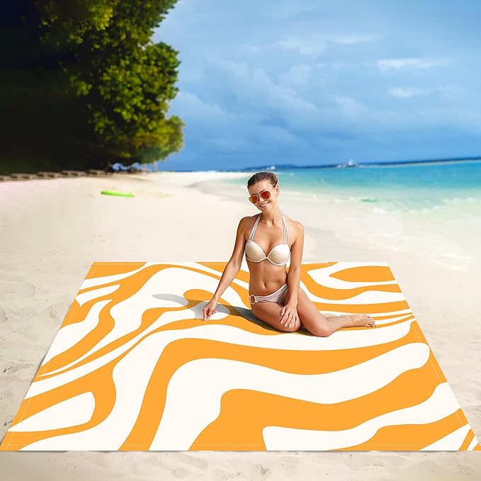 Yellow Beach Blanket Sand Free Waterproof Outdoor Beach Mat with 4 Stakes &amp Pockets 78''×86'' Large Sandproof Foldable Picnic Blanket with Portable Bag for Camping Travel Hiking