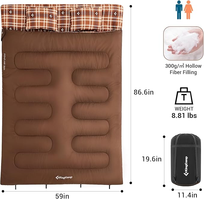 KingCamp Double Sleeping Bag for Adults Queen Size 2 Person XXL Flannel Sleeping Bag Waterproof Lightweight Flannel Quilt with 2 Pillows Perfect for Couples Family Camping Hiking