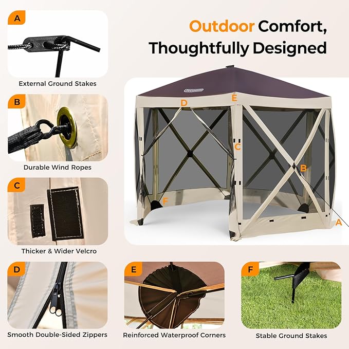 Tecoom 6-Sided 10x10ft Pop Up Gazebo Tent Screen House with Mosquito Netting Canopy for Camping Portable Sun Shelter with Removable Siedwalls for Outdoor Garden Activities