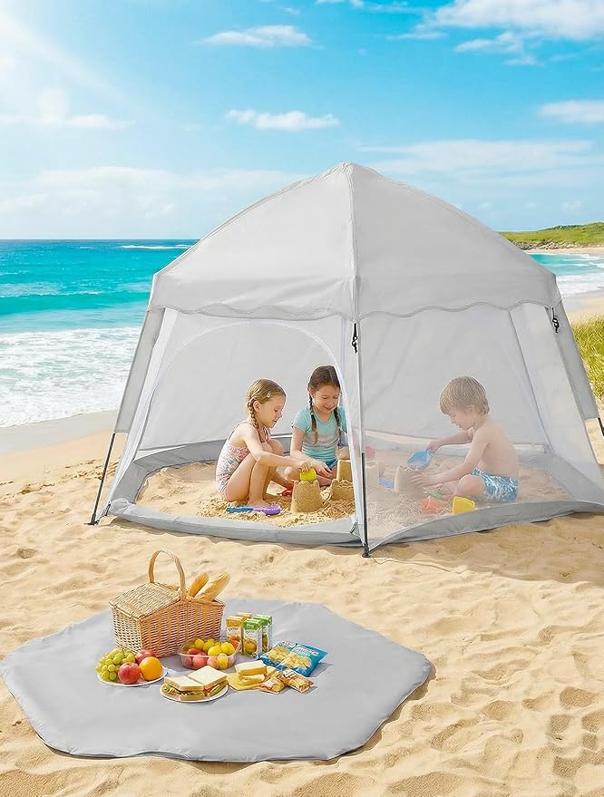 Portable Large Kids Beach Tent Shelter with Canopy UV Cover Indoor Outdoor Camping Tentwith Thick Removable Floor for Sleeping Or Beach Shelter (Light Grey)