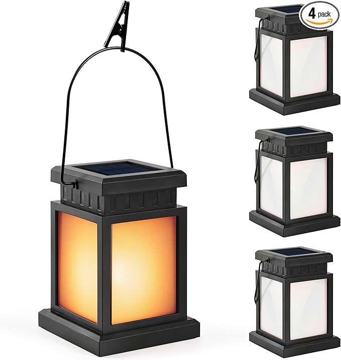 GIGALUMI Solar Lanterns Outdoor Waterproof 4 Pack Hanging Solar Lanterns for Outside Flame Effect Outdoor Lights for Pathway Garden Patio Lawn Porch Gazebo Tent Tree Yard(Flickering Lights)