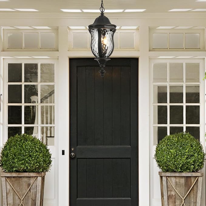 Large Outdoor Pendant Light Fixtures 23.6'' Exterior Hanging Lantern Porch Light Adjustable Black Brush Red Hanging Lamp Farmhouse Exterior Chandelier Ceiling Mount for Entrance Patio