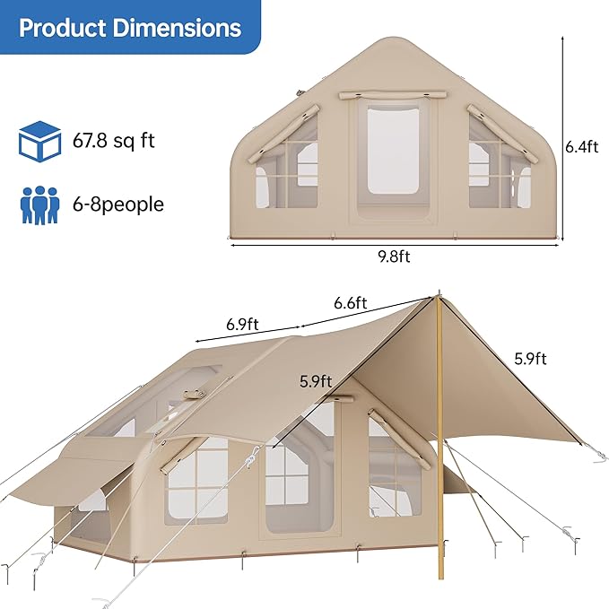 Inflatable Camping Tent with Pump &amp 1/2 Awnings 8-14 Person Air Tents for Camping Adult Large Waterproof Oxford Family Glamping Tent Quick Setup Big Tent for Outdoor Camping