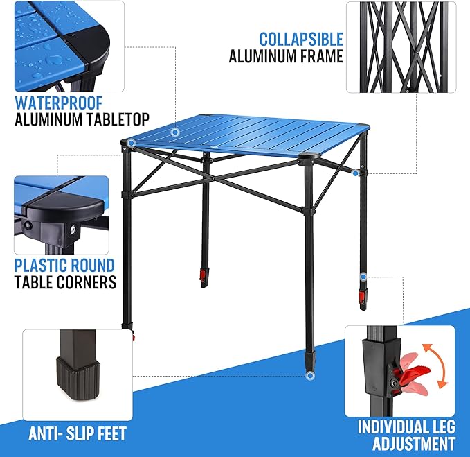 VILLEY Folding Camping Square Table with Carry Bag Lightweight Aluminum Adjustable Square Table for Outdoor Camping Picnic Backyards BBQ (L)
